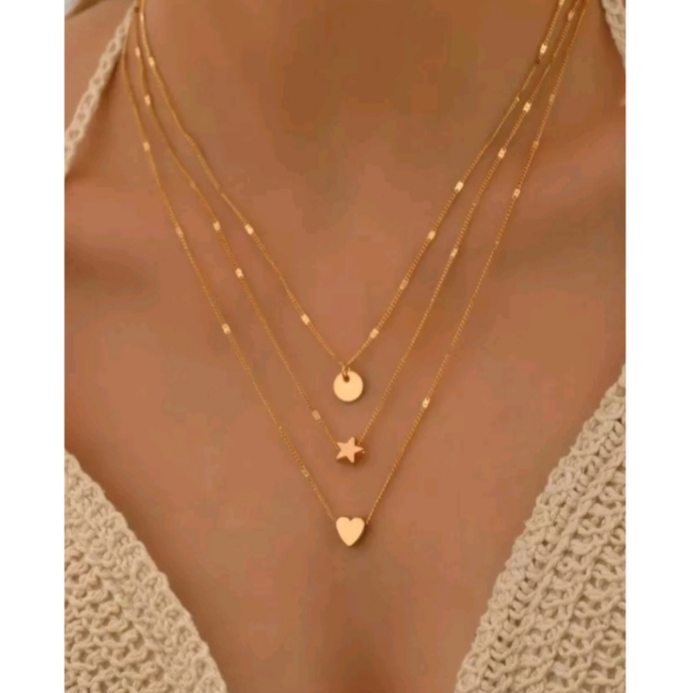 NEW! 14k Gold Plated Minimalist Disc, Star & Heart Layered Gold Necklace